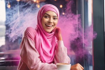 Portrait of a happy smiling young Arab Muslim woman wearing pink hijab in a cafe