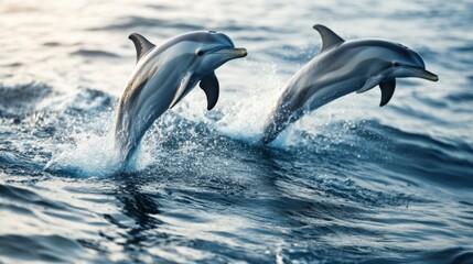 Naklejka premium Two dolphins leaping out of the water, creating splashes.