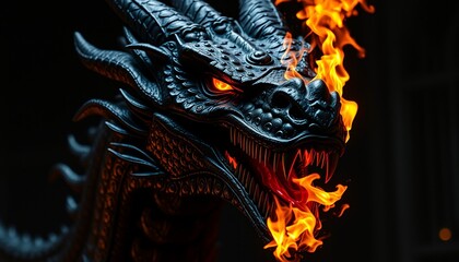 Intense Close-Up of Gothic Dragon's Head Roaring with Vibrant Fire Emerging from Its Mouth