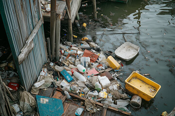 Garbage in the sea, Water pollution in the ocean harm sea creature concept, Global warming waste water.