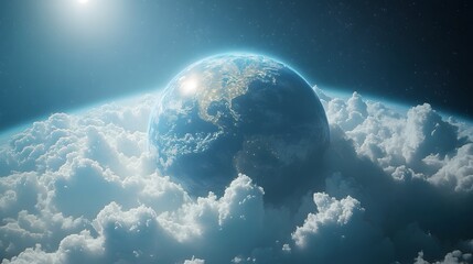 3D rendering of a clean, blue Earth with white, fluffy clouds surrounding it, floating in space...