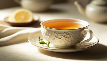 a delicate porcelain teacup filled with pale, amber-colored white tea. The tea is served with a small plate of delicate, thinly sliced lemon or subtle herbal garnishes on the side