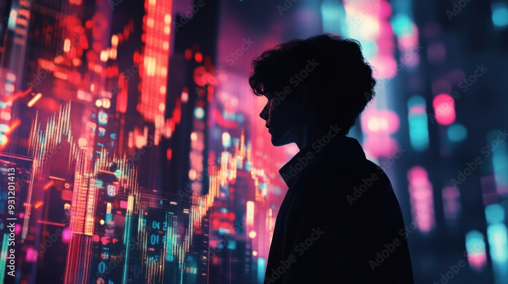 Poster silhouette of a person in front of a brightly lit digital display