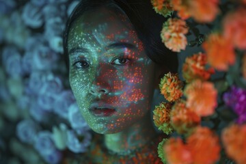 Obraz premium Woman posing in an abstract garden, surrounded by vibrant, surreal elements that create a unique visual experience.