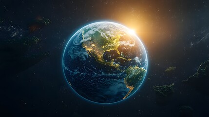 Obraz premium A 3D rendering of Earth with a sparkling, crystal-clear atmosphere, free of pollution, with rays of sunlight illuminating continents covered in green landscapes