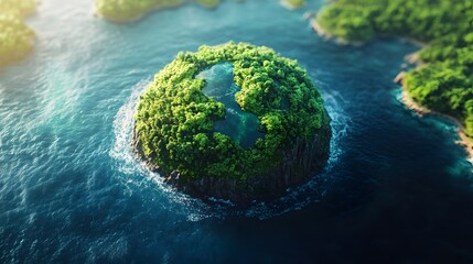 A 3D illustration of a vibrant, green Earth surrounded by clean, blue oceans, with lush forests and clear skies
