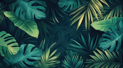 Lush tropical foliage creates a vibrant green background with a central empty space.