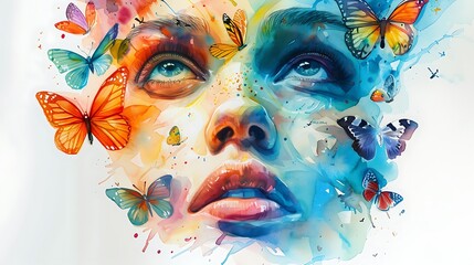 A watercolor painting of a face with butterflies seamlessly integrated into the hair and background, the facial features blending with vibrant butterfly wings, soft and fluid brushstrokes,