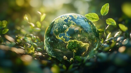 A 3D scene where Earth is depicted as a crystal-clear globe, with all continents covered in green...