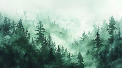 Fototapeta premium A watercolor painting of a forest landscape with fog swirling through the trees, the foliage interwoven with mist, fluid and loose brushstrokes, vibrant greens and subtle whites, fine details,