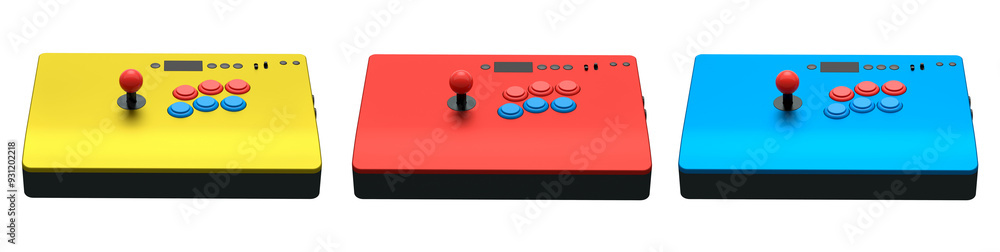 Poster a set of three colorful arcade joysticks, catering to retro gaming enthusiasts isolated on white bac