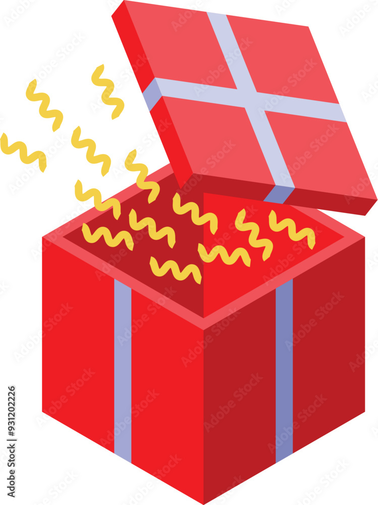 Aufkleber red gift box opening with confetti exploding out in an isometric view