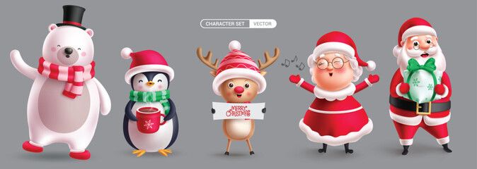 Christmas characters vector set design. Santa claus holding gift, singing mrs claus, reindeer holding white board, cute polar bear and happy penguin character collection. Vector illustration xmas 