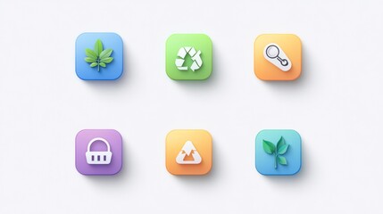 Naklejka premium Six colorful icons featuring symbols for eco-friendliness, recycling, search, security, warning, and energy on a white background, representing various web and app functions.