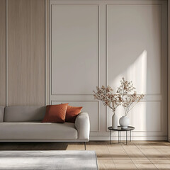 Aesthetic elegant classic interior design. Clear mock up empty wall for decoration in the apartment. Copy space in the room with moldings. Neutral palette of natural colors