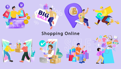 A set of illustrations for 'Shopping Online', showing the modern e-commerce journey. This collection includes concepts like fast delivery, contactless service, and big sale promotions.