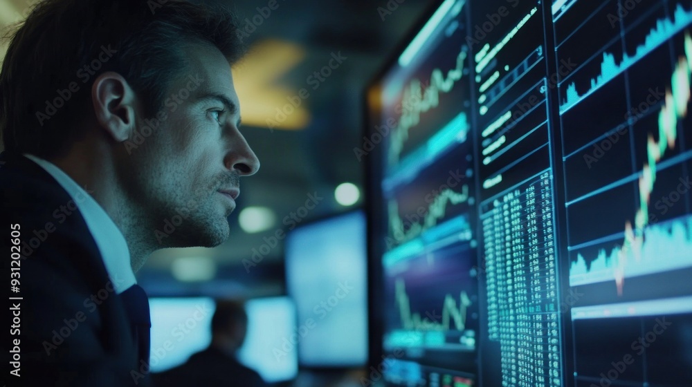 Poster Man in Suit Studying Data on a Computer Screen