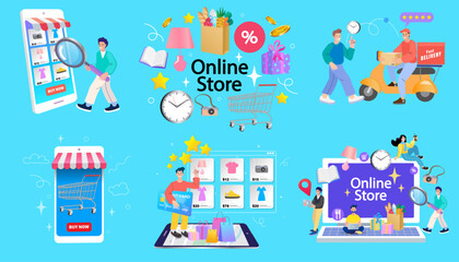 Online shop smartphone app. Mobile based marketplace. Retail business cartoon icons set.