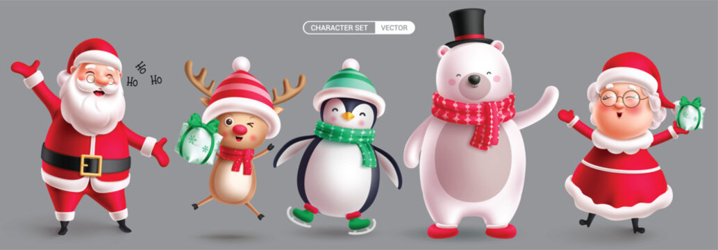 Christmas characters vector set design. Chrisitmas cute characters in standing pose, singing, holding gifts and happy smiling character collection. Vector illustration mascot costume set. 
