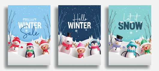 Hello winter sale text vector poster set. Winter sale promotion offer with snowman, penguin and reindeer characters for flyers paper cut collection. Vector illustration snow seasonal gift tags.  
