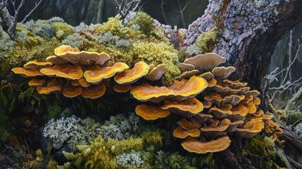 A Cluster of Orange Mushrooms Growing on a Moss-Covered Tree Trunk
