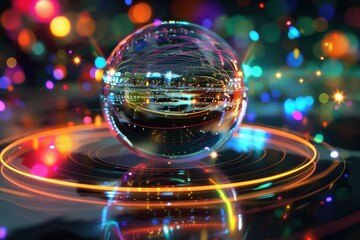 A floating holographic sphere surrounded by orbiting rings, each ring displaying different colors. 