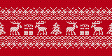 Christmas knitted pattern. Xmas seamless background with deer and gift box. Knit sweater print. Festive traditional ornament. Holiday winter texture. Wool scandinavian pullover. Vector illustration.