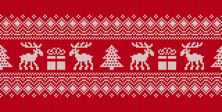 Fototapeta Christmas knitted pattern. Xmas seamless background with deer and gift box. Knit sweater print. Festive traditional ornament. Holiday winter texture. Wool scandinavian pullover. Vector illustration.