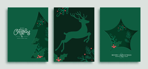 Christmas green card vector poster set. Merry christmas and happy new year greeting text with pine tree, deer and star shape decoration elements in green elegant template. Vector illustration holiday 