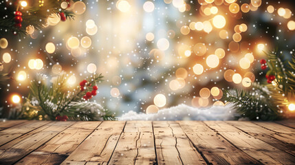 Empty wooden table with festive Christmas decorations, snow, and bokeh lights in the background, creating warm and cozy holiday atmosphere, perfect for showcasing holiday themed products or messages.