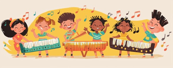 Obraz premium A vibrant illustration of children joyfully playing musical instruments, celebrating creativity and friendship through music.