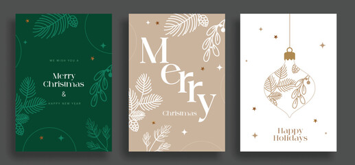 Christmas greeting card vector poster set design. Merry christmas and happy holidays greetings text with doodle leaf and sketch leaves gift tags collection design. Vector illustration seasonal cards 