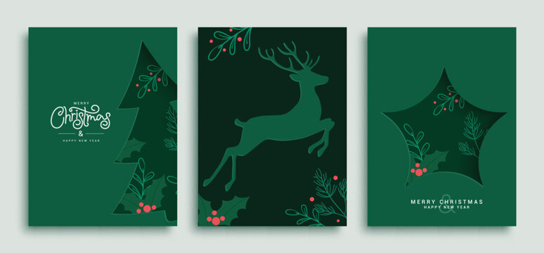 Christmas green card vector poster set. Merry christmas and happy new year greeting text with pine tree, deer and star shape decoration elements in green elegant template. Vector illustration holiday 