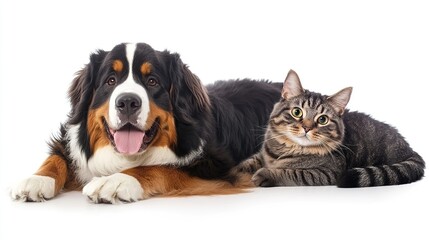 A Bernese Mountain Dog and tabby cat lying down together, isolated on white.