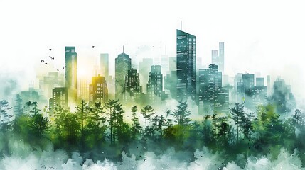 A watercolor painting of a modern cityscape transitioning into a forest, urban buildings merging with tree trunks and foliage, cool city tones blending with earthy greens, soft and flowing brushwork,