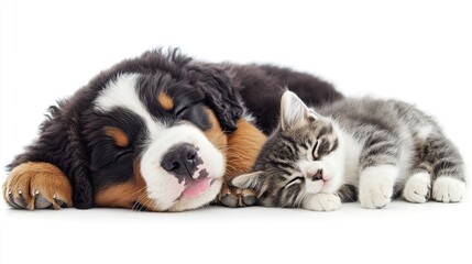 Fototapeta premium A Bernese Mountain Dog puppy and a kitten sleep soundly together on a white background.