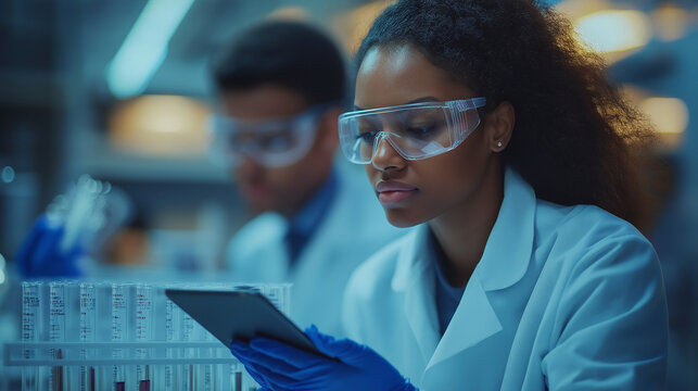 Lab scientist in protective overalls, gloves and goggles at laboratory and inspecting it against futuristic transparent interface. In search of anti-coronavirus or covid-19 vaccine - Powered by Adobe