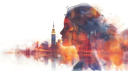 A watercolor painting of a person's profile blending with a cityscape, the profile merging seamlessly with skyscrapers and urban elements, soft and fluid brushstrokes,