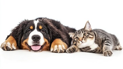 Obraz premium A Bernese Mountain Dog puppy and a tabby cat lay side-by-side on a white background. The dog has its tongue sticking out and the cat is looking up.