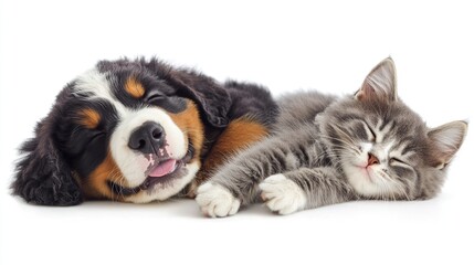 Obraz premium A Bernese Mountain Dog puppy and a grey tabby kitten are asleep, side-by-side, on a white background.