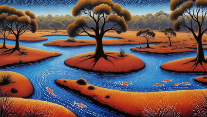 Australian Aboriginal dot painting style art landscape with river and fish