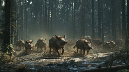 Wild Boars Running Through a Forest