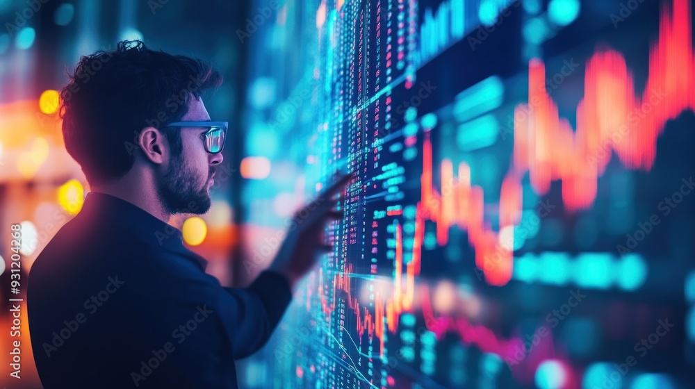 Poster A Man Analyzing Financial Data on a Large Display