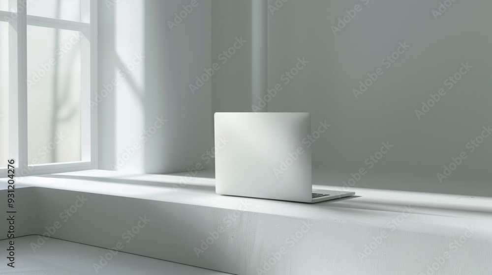 Poster minimalist workspace with an elegant laptop by a window, bathed in soft natural light. concepts of p
