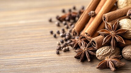 Obraz premium A close-up of star anise cinnamon sticks and other whole spices arranged on a wooden table