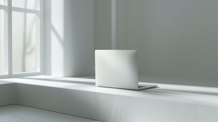 Minimalist workspace with an elegant laptop by a window, bathed in soft natural light. Concepts of productivity, simplicity, and modern design.
