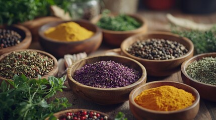 Fototapeta premium A wooden table covered with different spices and herbs each adding a pop of color to the scene