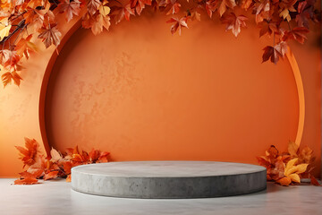 Autumn Fall background,Concrete Orange color Studio room with podium and Leaves shadow overlay on wall,Empty Backdrop texture with Floor Cement,Scene Product Display for Sale, Presentation
