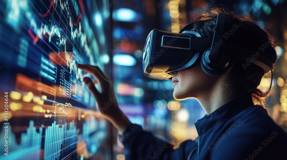 Poster person wearing vr headset interacts with a data visualization screen.