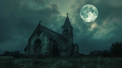 Fototapeta premium Full moon casting shadows over abandoned church at night